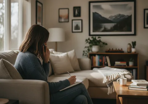 Person on the phone at home in Calgary going over finances with a notepad