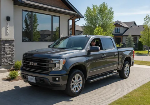 Used pickup trucks and SUVs parked on a dealer lot under a clear Alberta sky