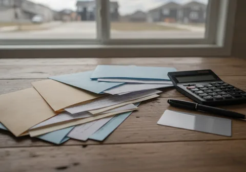 Stack of credit card statements and bills on a table beside a calculator