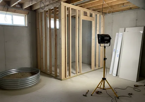 Unfinished basement in a Calgary home being framed for a legal suite