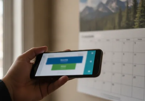 Hand holding a smartphone showing a banking app with a calendar in the background