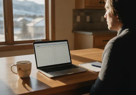 Person reviewing a loan offer on a laptop at a kitchen table in Calgary